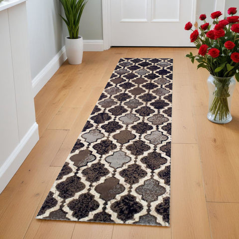 8' Chocolate Quatrefoil Power Loom Distressed Stain Resistant Runner Rug