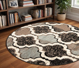 8' Round Chocolate Round Quatrefoil Power Loom Distressed Stain Resistant Area Rug