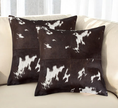 Set of Two 18" Chocolate and White Cowhide Cowhide Throw Pillows