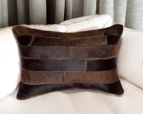 12" X 20" Chocolate Patchwork Cowhide Lumbar Throw Pillow