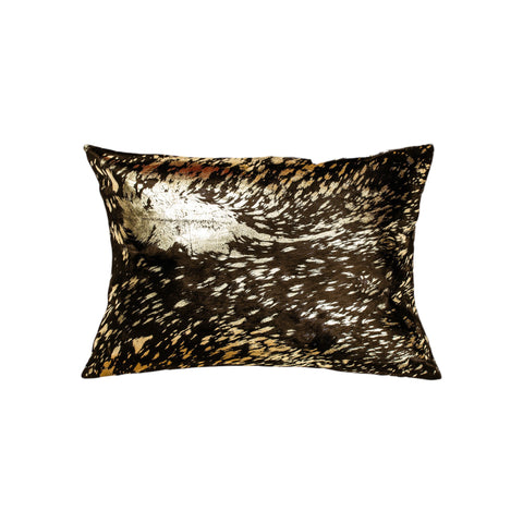 Set of Two 12" X 20" Chocolate and Gold Abstract Cowhide Lumbar Throw Pillows with Glitter