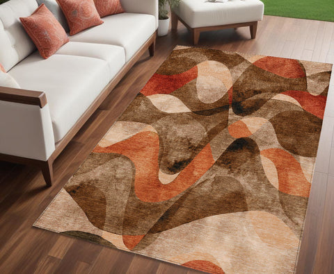 5' X 8' Chocolate Abstract Washable Non Skid Indoor Outdoor Area Rug