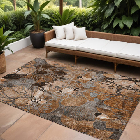 8' X 10' Chocolate Terracotta and Ivory Abstract Washable Indoor Outdoor Area Rug