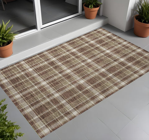 2' X 3' Chocolate and Ivory Plaid Washable Non Skid Indoor Outdoor Area Rug