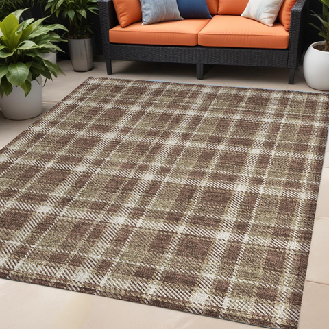 5' X 8' Chocolate and Ivory Plaid Washable Non Skid Indoor Outdoor Area Rug