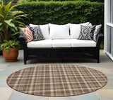 8' Round Chocolate and Ivory Round Plaid Washable Non Skid Indoor Outdoor Area Rug