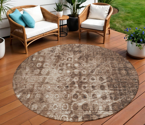 8' Chocolate Round Ikat Washable Indoor Outdoor Area Rug