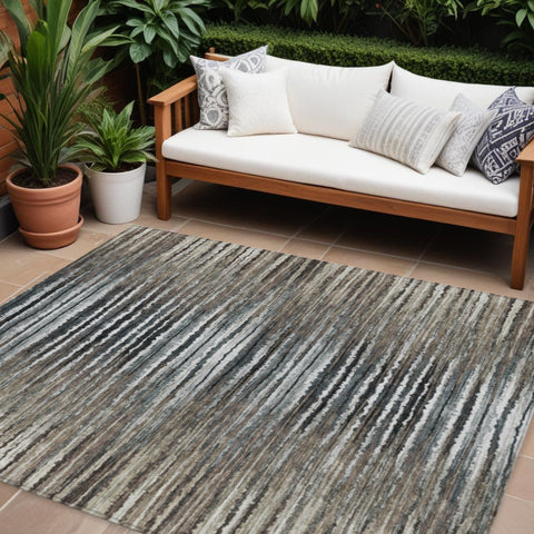 8' X 10' Brown Taupe And Chocolate Striped Washable Indoor Outdoor Area Rug