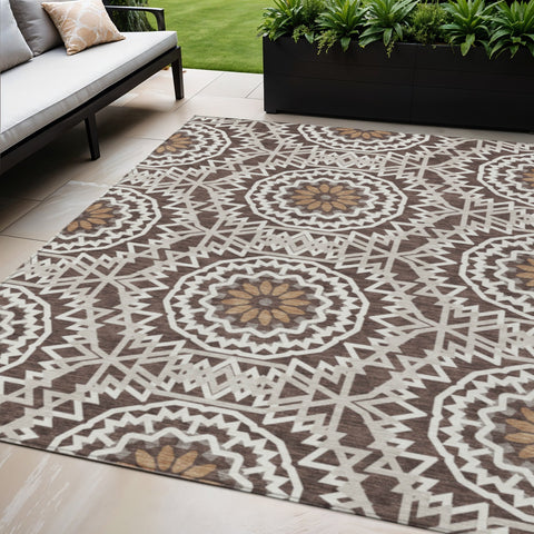 5' X 8' Chocolate Ivory And Taupe Floral Medallion Washable Indoor Outdoor Area Rug