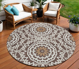 8' Chocolate Ivory And Taupe Round Floral Medallion Washable Indoor Outdoor Area Rug