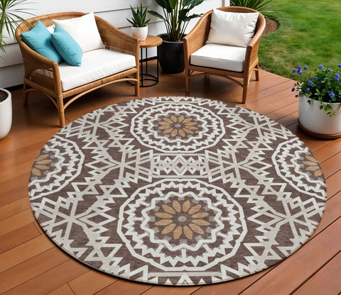 8' Chocolate Ivory And Taupe Round Floral Medallion Washable Indoor Outdoor Area Rug