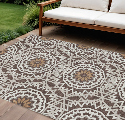 8' X 10' Chocolate Ivory And Taupe Floral Medallion Washable Indoor Outdoor Area Rug