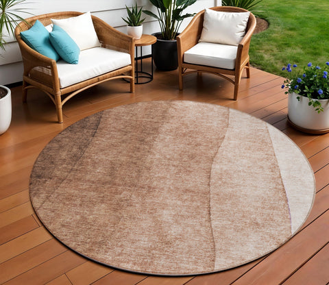 8' Brown Beige And Chocolate Round Ombre Washable Indoor Outdoor Area Rug