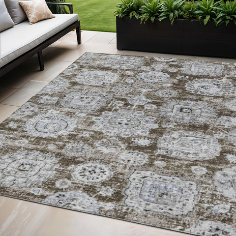 5' X 8' Chocolate And Blue Floral Washable Indoor Outdoor Area Rug