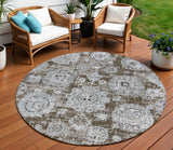 8' Chocolate And Blue Round Floral Washable Indoor Outdoor Area Rug