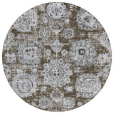 8' Chocolate And Blue Round Floral Washable Indoor Outdoor Area Rug