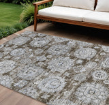 8' X 10' Chocolate And Blue Floral Washable Indoor Outdoor Area Rug