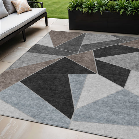 5' X 8' Chocolate Gray And Charcoal Geometric Washable Indoor Outdoor Area Rug