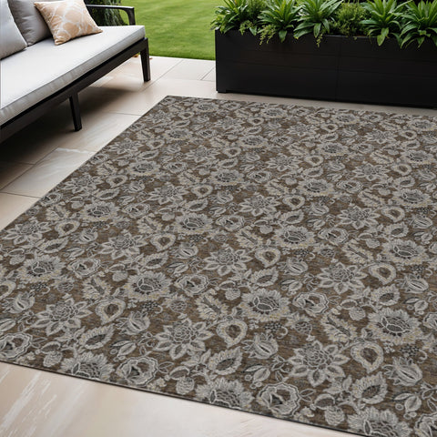 5' X 8' Chocolate And Charcoal Floral Washable Indoor Outdoor Area Rug