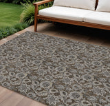 8' X 10' Chocolate And Charcoal Floral Washable Indoor Outdoor Area Rug