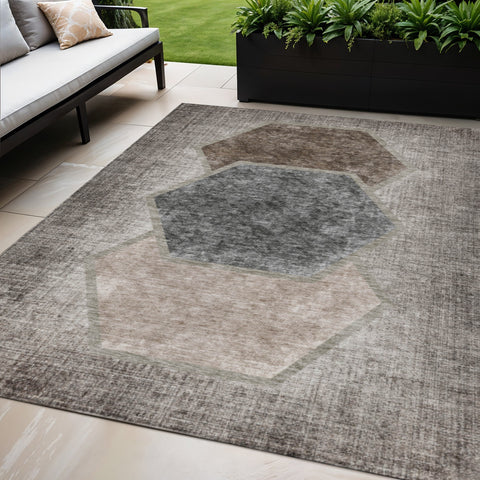 5' X 8' Chocolate And Taupe Geometric Washable Indoor Outdoor Area Rug