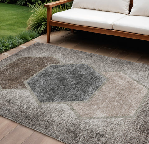 8' X 10' Chocolate And Taupe Geometric Washable Indoor Outdoor Area Rug