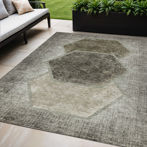 5' X 8' Taupe Beige And Chocolate Geometric Washable Indoor Outdoor Area Rug