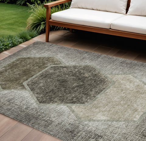 8' X 10' Taupe Beige And Chocolate Geometric Washable Indoor Outdoor Area Rug