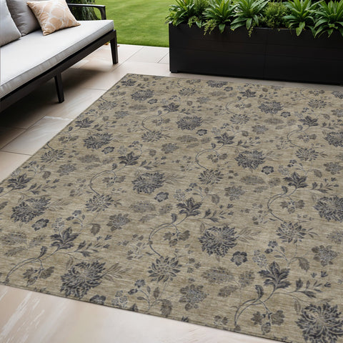 5' X 8' Brown Beige And Chocolate Floral Washable Indoor Outdoor Area Rug