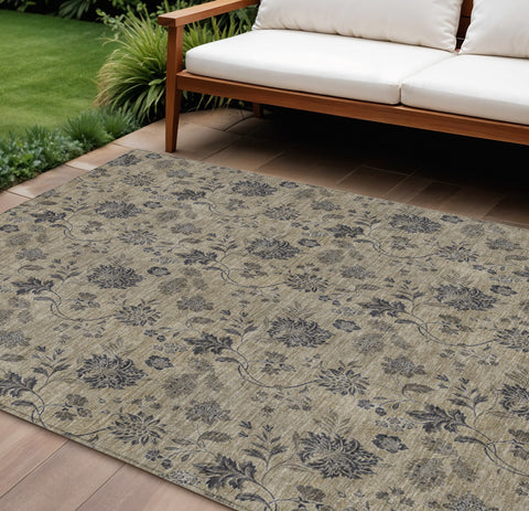 8' X 10' Brown Beige And Chocolate Floral Washable Indoor Outdoor Area Rug