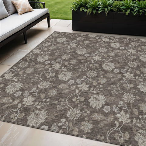 5' X 8' Chocolate Beige And Taupe Floral Washable Indoor Outdoor Area Rug