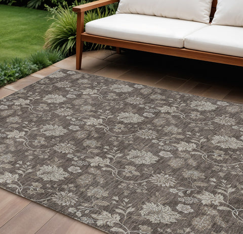 8' X 10' Chocolate Beige And Taupe Floral Washable Indoor Outdoor Area Rug