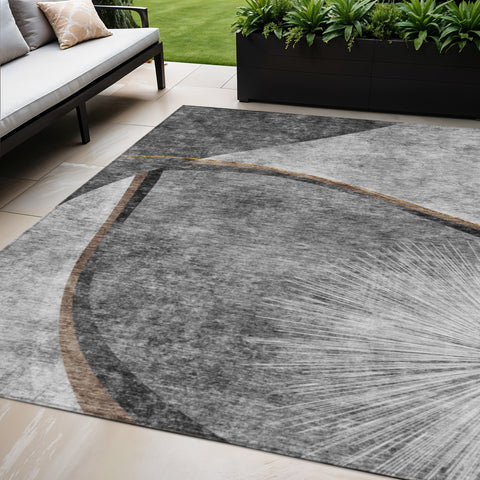 5' X 8' Gray Chocolate And Silver Abstract Washable Indoor Outdoor Area Rug