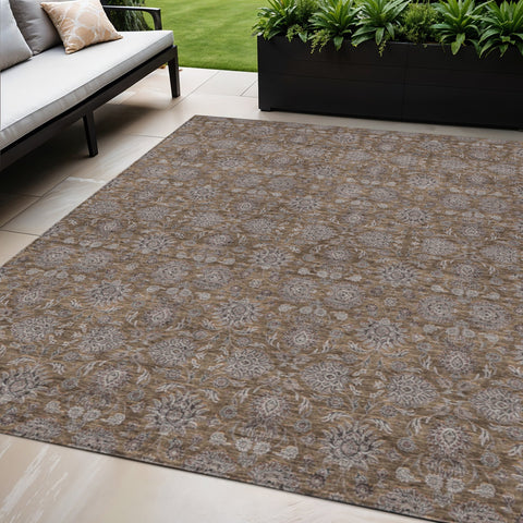 5' X 8' Chocolate And Gray Floral Washable Indoor Outdoor Area Rug