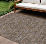 8' X 10' Chocolate And Gray Floral Washable Indoor Outdoor Area Rug