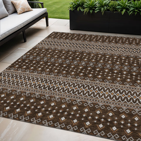 5' X 8' Chocolate Taupe And Copper Tribal Washable Indoor Outdoor Area Rug