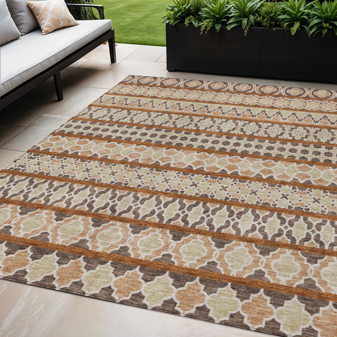 5' X 8' Chocolate And Taupe Quatrefoil Washable Indoor Outdoor Area Rug