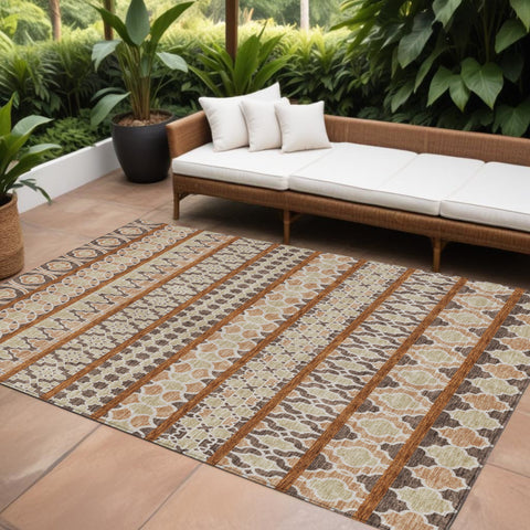 8' X 10' Chocolate And Taupe Quatrefoil Washable Indoor Outdoor Area Rug