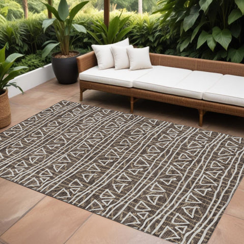 8' X 10' Chocolate And Ivory Geometric Washable Indoor Outdoor Area Rug