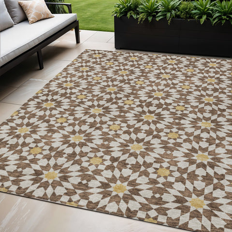 5' X 8' Chocolate Ivory And Gold Floral Medallion Washable Indoor Outdoor Area Rug