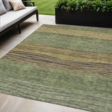 5' X 8' Olive Green And Chocolate Striped Washable Indoor Outdoor Area Rug