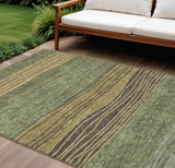 8' X 10' Olive Green And Chocolate Striped Washable Indoor Outdoor Area Rug