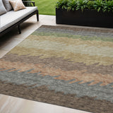 5' X 8' Chocolate Gray And Green Striped Washable Indoor Outdoor Area Rug