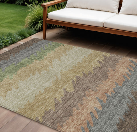 8' X 10' Chocolate Gray And Green Striped Washable Indoor Outdoor Area Rug