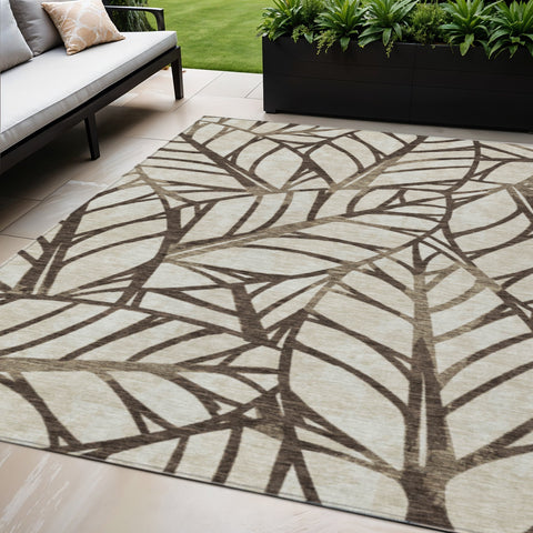 5' X 8' Chocolate And Beige Floral Washable Indoor Outdoor Area Rug