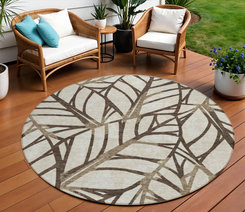 8' Chocolate And Beige Round Floral Washable Indoor Outdoor Area Rug