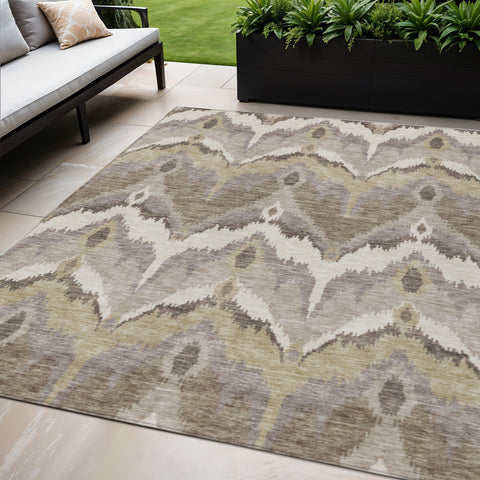 5' X 8' Beige Chocolate And Taupe Ikat Washable Indoor Outdoor Area Rug