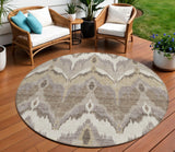 8' Beige Chocolate And Taupe Round Ikat Washable Indoor Outdoor Area Rug