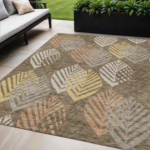 5' X 8' Chocolate Beige And Gray Floral Washable Indoor Outdoor Area Rug