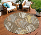 8' Chocolate Beige And Gray Round Floral Washable Indoor Outdoor Area Rug